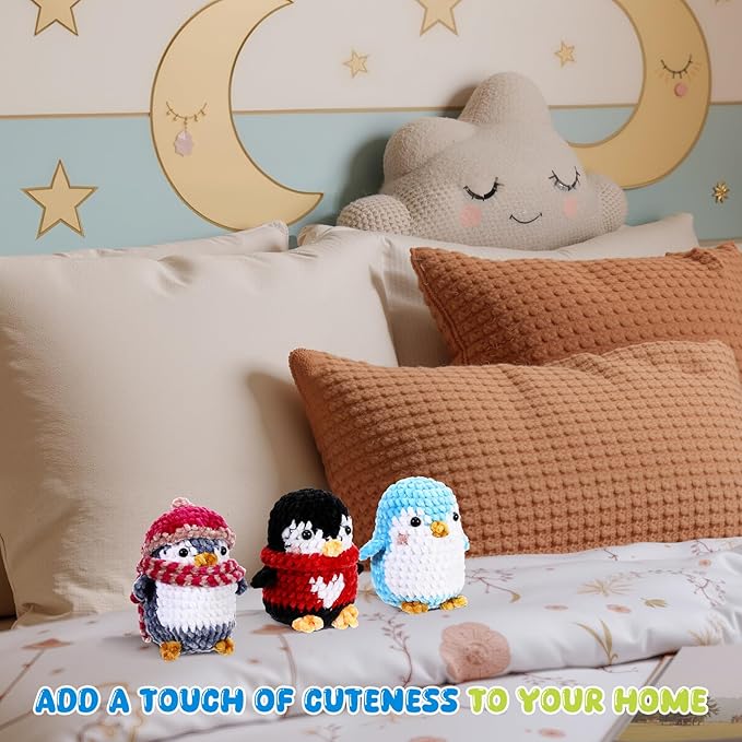 XunYee 3 Pcs Little Penguins Crochet Kit DIY Amigurumi Set Chenille Yarn Crochet Kit for Beginners with Complete Tools Step-by-Step Pattern Craft Gift for Adults