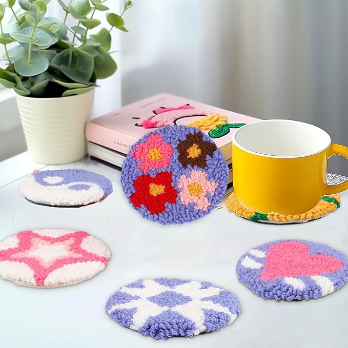 AIRDEA Punch Needle Drink Coasters Kit,Casual Punch Needle Embroidery Complete Kits for Beginner 3.29x3.29 Inches,Included All Accessories,DIY Car Coasters (Box-Blue Pink Yellow)