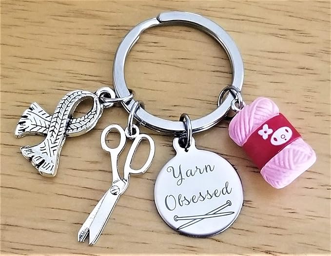 Kit's Kiss Knitting Keychain Knitter Gift Scarf Scissors Yarn Resin Charm Quilter Crafter Crochet Lover Knitting Needles Crocheting Yarn Obsessed Key Ring