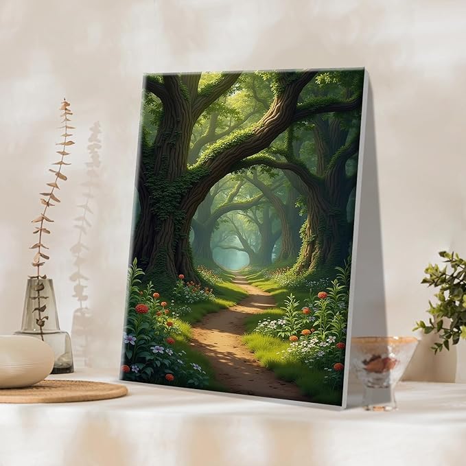 JOOZ Landscape Paint by Numbers Kit for Adults with Frame Forest Paint by Number with Easel Tree Adult Paint by Number Kits Framed Canvas Oil Painting Kits for Home Wall Decor 8x12 Inch