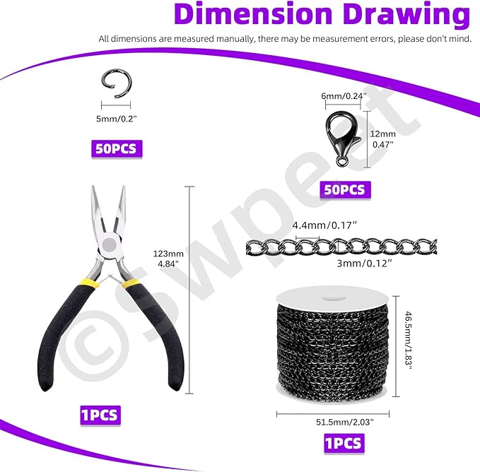 Swpeet 102Pcs Black 3mm by 10 Yard Length Jewelry Making Chains Kit with Jump Rings, Lobster Clasps and Jewelry Plier, Necklace Chains Flat Cable Link Chain Bulk Ideal for DIY Craft Jewel Making