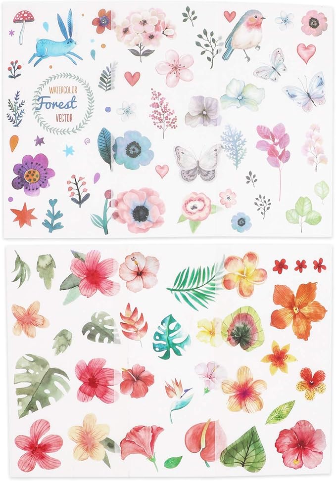 Knaid Watercolor Birds and Flowers Stickers Set - Decorative Sticker for Scrapbooking, Kid DIY Arts Crafts, Album, Bullet Journaling, Junk Journal, Planners, Calendars and Notebook