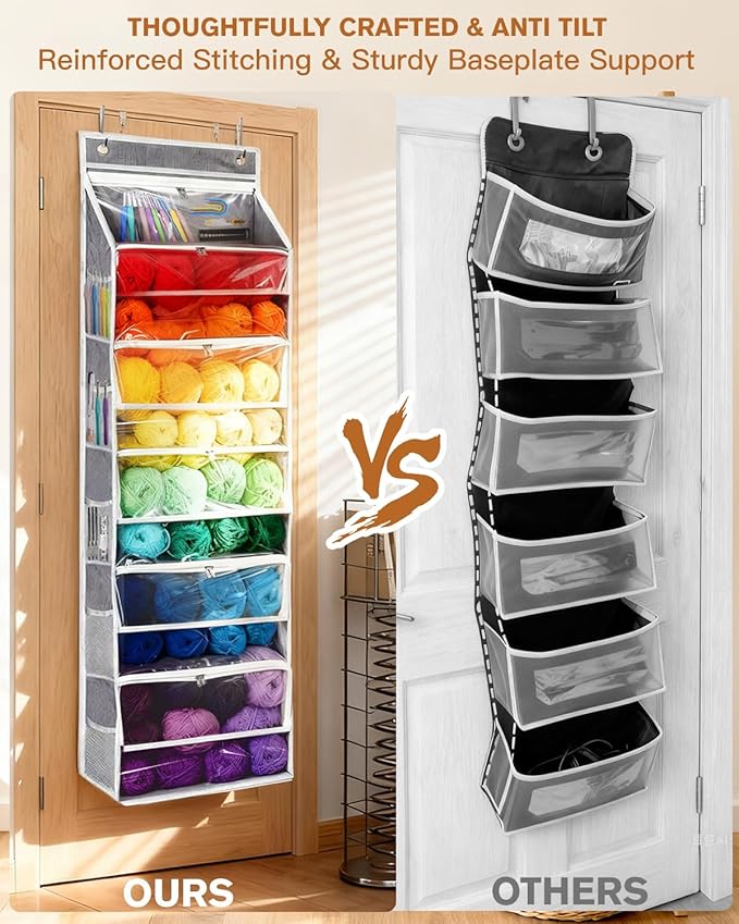 Hanging Yarn Storage Organizer, Large Capacity Over the Door Yarn Organizer with 6 Clear Zipper Pockets 10 Mesh Side Bags, Hanging Yarn Holder Knitting Storage Bag for Crochet Hooks, Grey
