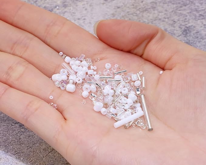 Mixed Craft Beads 1000Pcs/20g Glass Seed Beads Tube Beads Bugle Beads 1.5-4.5mm Small Loose Spacer Beads for DIY Bracelets Necklace Earring Jewelry Making (Silver White)