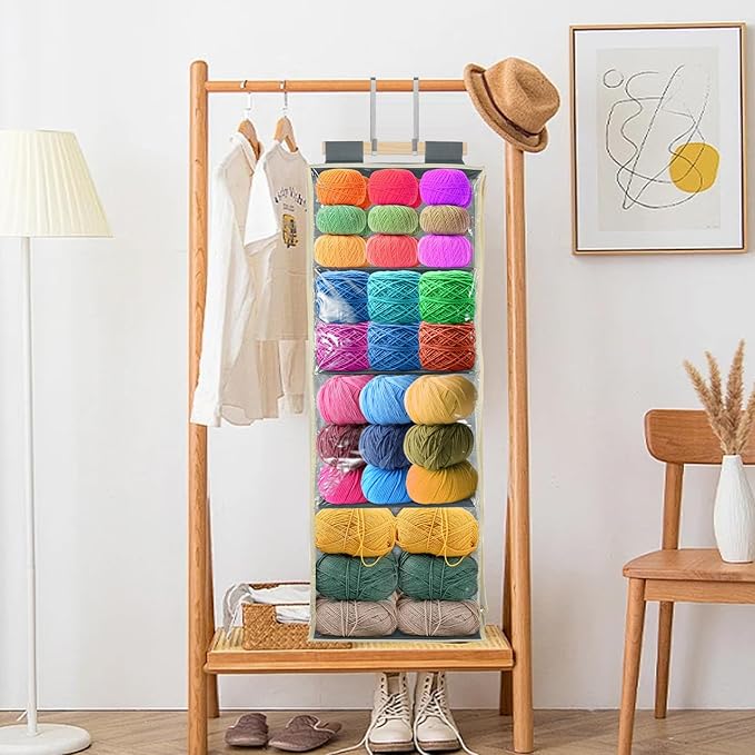 Hlimior Clear Hanging Yarn Storage with 4 Large Pockets, Clear Knitting Organizer Storage with Zippers for Crochet Lovers, Hanging Yarn Holder with Over-Door Hooks for Knitting Needles Crochet Hooks