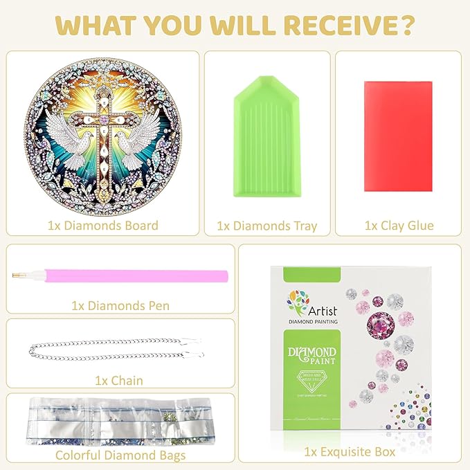 MEIYUDA Cross Diamond Painting Pendant Kits, DIY Round Cross Diamond Art Window Hanging Ornament for Adults, 5D Special Shape Rhinestone Pendant for Home Decoration