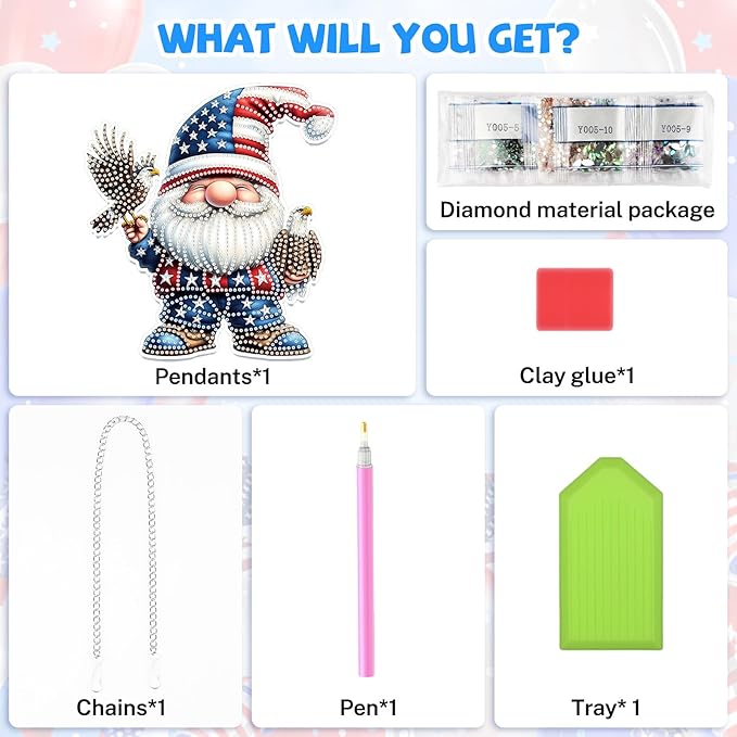 Bowetile Independence Day 5D Diamond Art Hanging Gnome Kits for Adults, 4th of July Diamond Painting USA Window Pendant Kits, Special Shape Gem Art Suncatcher Ornament for Home Wall Decor