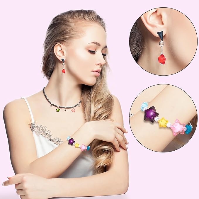 OIIKI 45PCS Acrylic Star Beads, Mixed Colors Star Loose Spacer Beads, 2 Sizes Charming Flat Beads, Star Shaped DIY Supplies Bead Kits Bulk for Jewelry Making, Crafts