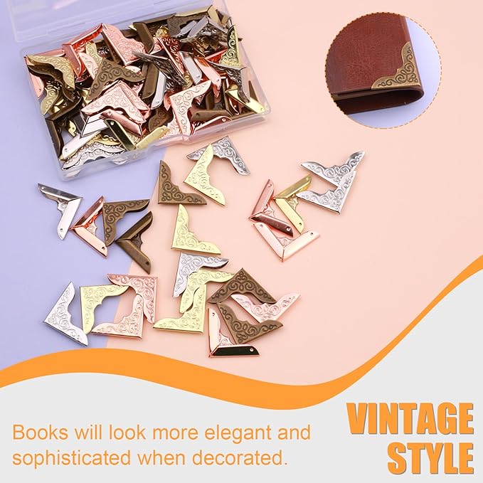 Olldag 100 PCS Metal Book Corners, Vintage Book Corner Protectors, Iron Corner Guard Edge Decorative for Scrapbook Photo Album Diary Cover Menus Folder (Antique Bronze+Silver+Gold+Rose Gold)