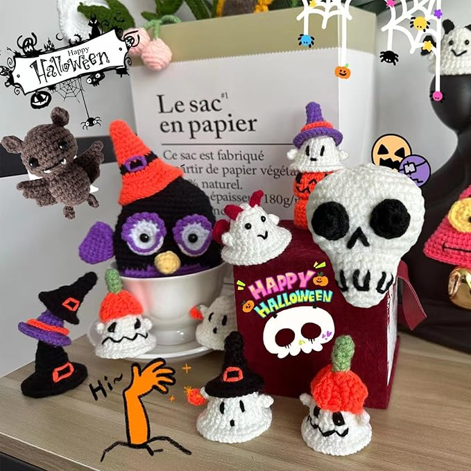 Xanadued Crochet Kit for Beginners, Crochet Halloween Bat & Skull Set, Knitting Kit for Beginners Adults, Easy Learn to Crochet Kit with Tutorial and Step-by-Step Instruction Vedio