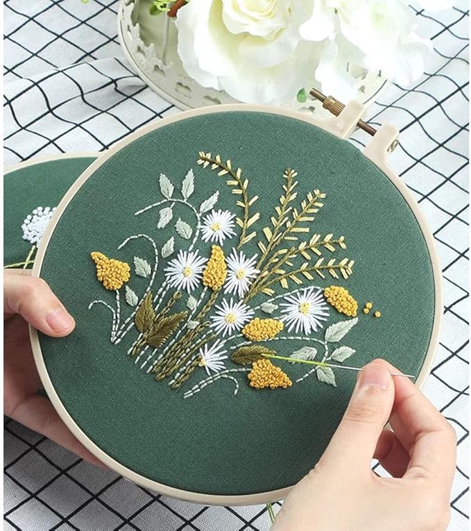 KISSBUTY Full Range of Embroidery Starter Kit with Pattern, Cross Stitch Kit Including Embroidery Fabric with Floral Pattern, Bamboo Embroidery Hoop, Color Threads and Tools Kit (Flowers Plants)