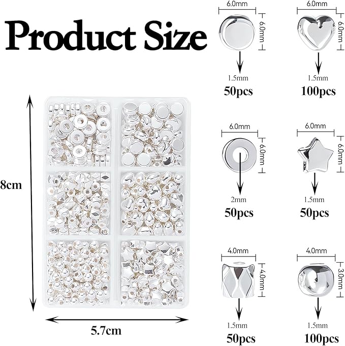 350 Pcs Silver Spacer Beads for Jewelry Making, Sparkly CCB Friendship Bracelet Bead Kits, Assorted Round Heart Star Flat Ring Seed Beads Set for DIY Earring Necklace Crafts Keychain (6 Styles)
