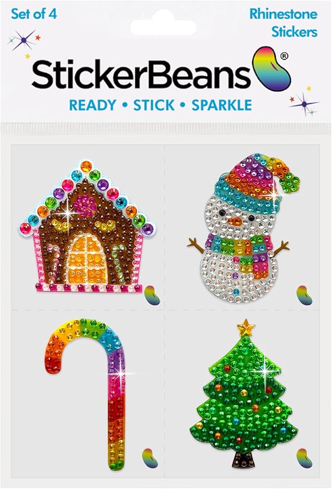 stickerbeans® rhinestone stickers - holiday set 4-pack, 2” x 2” each, unique sparkly cut-to-shape for collecting, trading, decorating laptops, phone cases, scrapbooks, for kids, teens, & adults