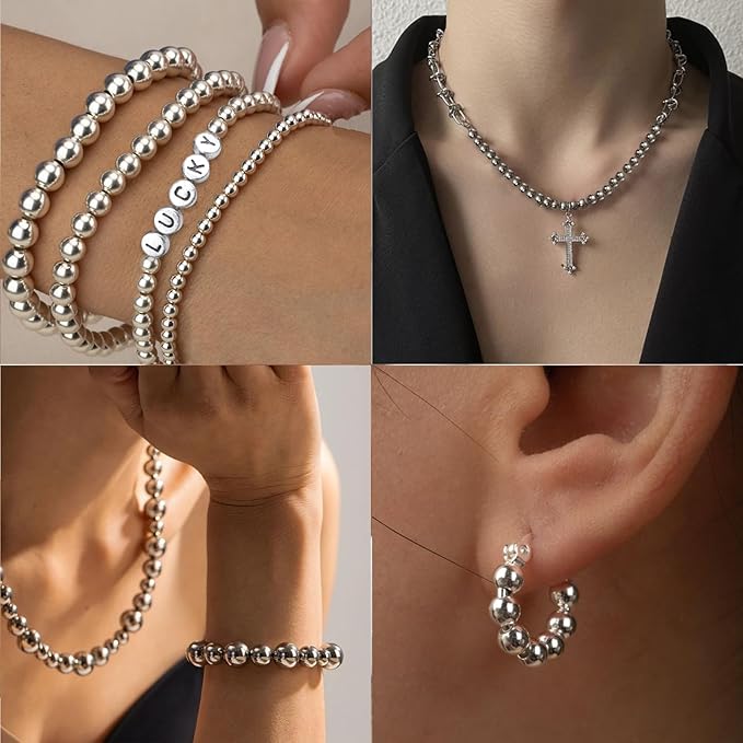 Hpebl 1320PCS Smooth Round Silver Beads for Bracelet Making Kits 4MM/6MM Jewelry Making Supplies Silver Letter Beads for Jewelry Making Kit with 2PCS Crystal String 1PCS Scissors for Adult