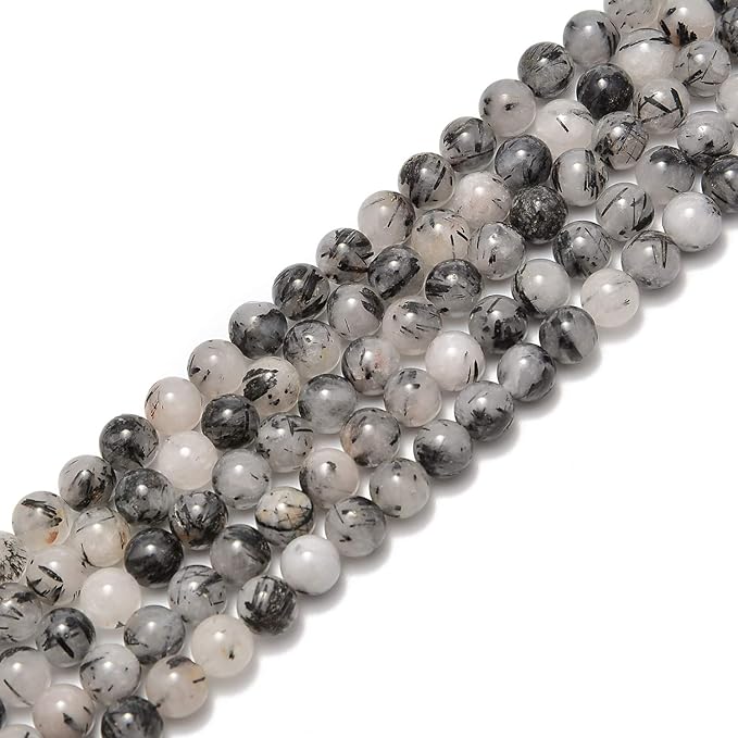 90pcs 4mm Natural Black Tourmalinated Rutilated Quartz Gemstone Round Spacer Loose Stone Beads for Jewelry Making 15.5" 1 Strand (Black Tourmalinated Rutilated Quartz, 4mm 90Beads)