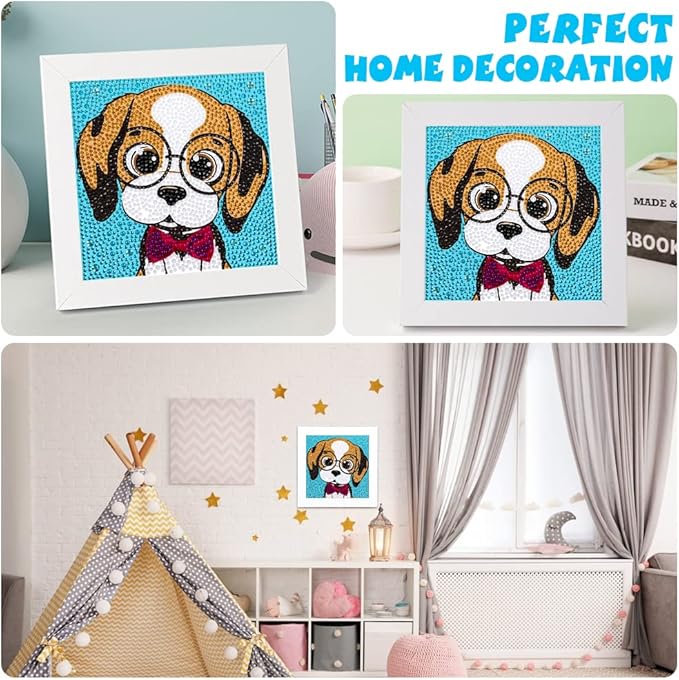 QEUOYSS Diamond Art Kit for Kids with Wooden Frame Art and Crafts for Kids Ages 6-8 -10-12 Easy to DIY Diamond Art for Kid and Adult Beginners Home Wall Decoration (Cute Dog)
