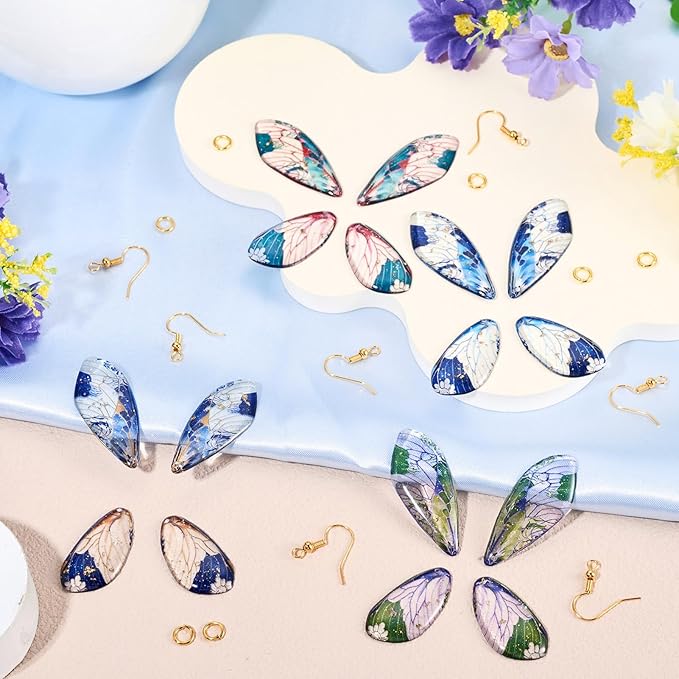 FASHEWELRY 16Pcs Transparent Resin Butterfly Wing Charms for Jewelry Making, Flower Leaf Print Colorful Insects Wing Pendant Earrings Making Kit with Earring Hook Jump Rings