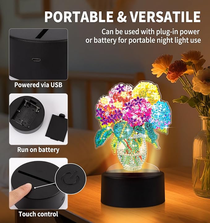 ALKALO Diamond Painting Night Light, Diamond Painting Kits for Adults Desktop Ornaments for Table Tabletop Decor Diamond Art Accessories for Adult Beginner Touch Lamp for Bedrooms Living Room- Flower