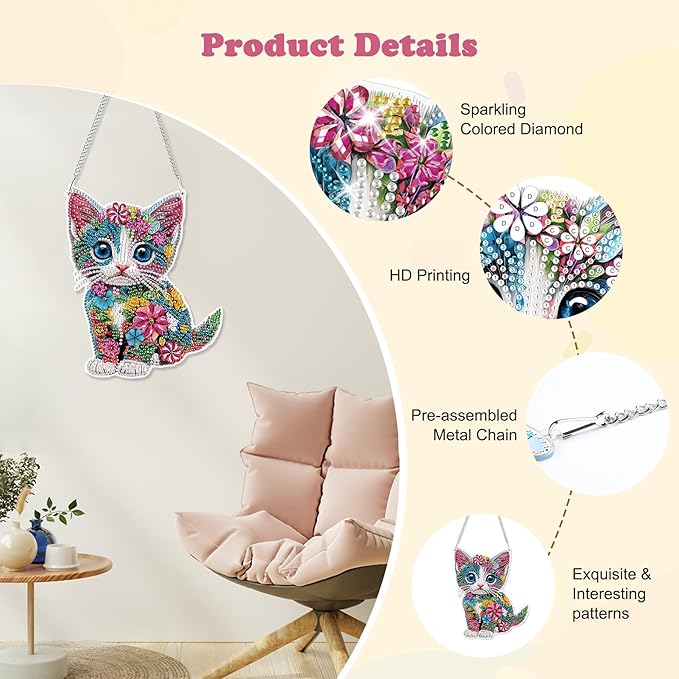 HEIBAGO DIY Hanging Diamond Art Kit Cat,Acrylic 5D Painting Window Pendants Flower,8.3 * 8.3 inch Double Sided Gem Art Ornament Kit,Diamond Art Ornament Kit for Home Wall Decor