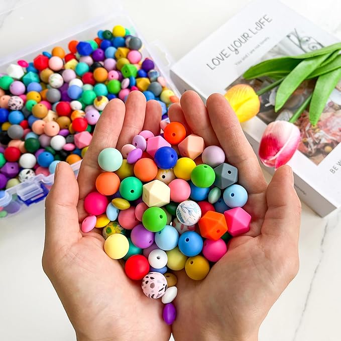 630pcs Silicone Beads for Keychain Making, 12mm 15mm Round 14mm Polygonal Bead 48 Colors Bulk Rubber Loose Beads for DIY Pens Necklace Bracelet Jewelry Making Kit