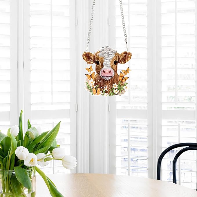 AiYuanzsh Cow Diamond Art Kits for Adults Hanging Pendant, Animal Diamond Painting Hanging Sign, DIY Special Shaped Crystal Diamond Art Ornament for Home Decor Gift
