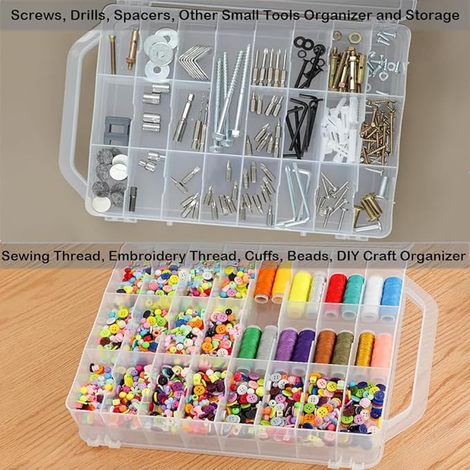 Double-Sided Sewing Organizer Box with 46 Grids - Clear Plastic Thread Storage Case for Embroidery Floss, Sewing Threads, Needles, Beads & Craft Supplies (Portable Craft Organization Container)
