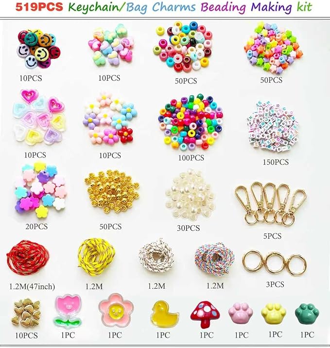BOAJUNWU 519PCS Beaded Keychain Making Kit for Women,Acrylic Alphabet Bead Jewelry Making Kit Bag Charms DIY Key Chain Beads Supplies Crafts Accessoriess