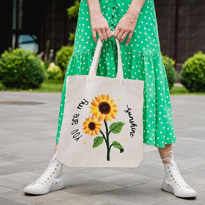louise maelys embroidery kit canvas tote bag for beginners,cross stitch kits for adults,arts and diy crafts needlepoint with sunflower pattern,women shopping reusable grocery bags