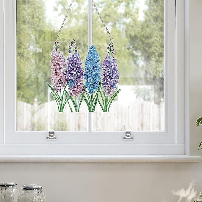 AiYuanzsh Diamond Painting Suncatcher Hanging Kit, Special Shaped Lavender Flowers DIY Diamond Art Pendant for Adults, Window & Wall Decor, 5D Crystal Diamond Art Kit