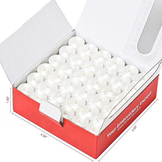 Poolin Prewound Bobbins, Richword Selected White SideLess 144pcs Size L(SA155), 75D/2(60WT) Polyester Bobbin Thread for Commercial Multi Needles Embroidery Machine, 130 Yards