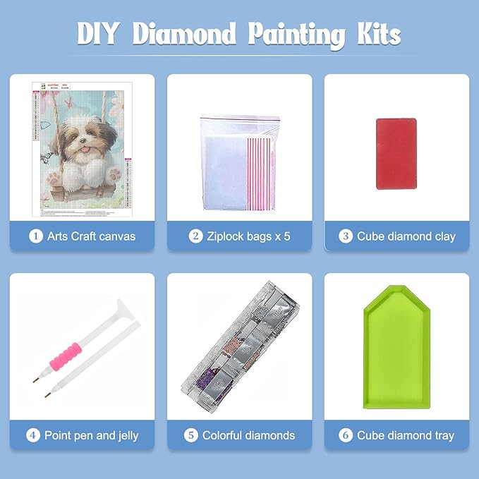 NAIMOER Puppy Diamond Painting Kits for Adults, DIY 5D Diamond Painting Dog Play on the Swing, Full Drill Diamond Art Kits Holiday Art Pictures Perfect for Home Wall Decor 30x40cm