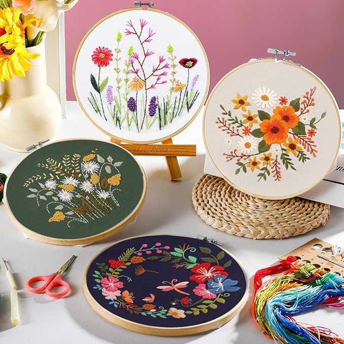4 pack embroidery kit for beginners adults diy starter kit, cross stitch kits with flower stamped patterns, embroidery hoop, tools,colorful threads,step by step instructions,hand craft lover gift