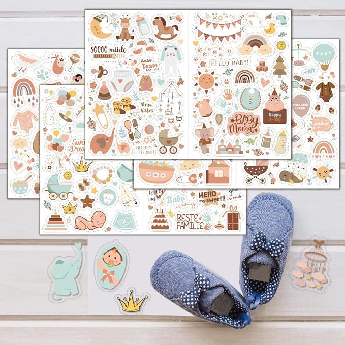 4 Sheets Baby Scrapbook Stickers - Clear Matte 204 Cute Newborn Baby Shower Stickers for Planner, Pregnancy Journals, Albums, Baby's First Year Scrapbook Supplies Decorations