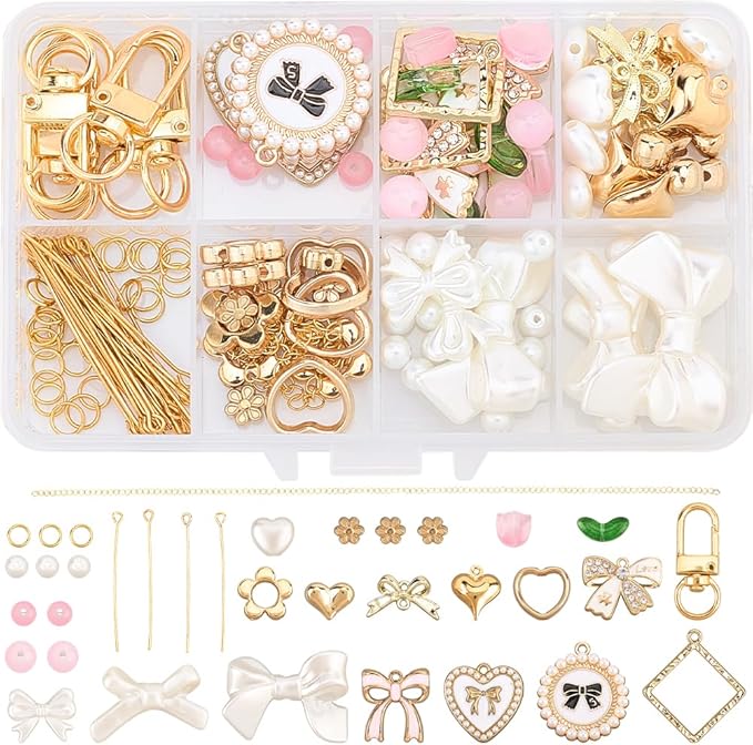 SUNNYCLUE 1 Box 156Pcs DIY 8 Sets Keychain Making Kit Bows Key Chain Charm Bead Kit Bowknot Beads Bulk Imitation Pearls Flower Bow Heart Swivel Key Rings for Jewelry Making Crafts Keyrings Supplies