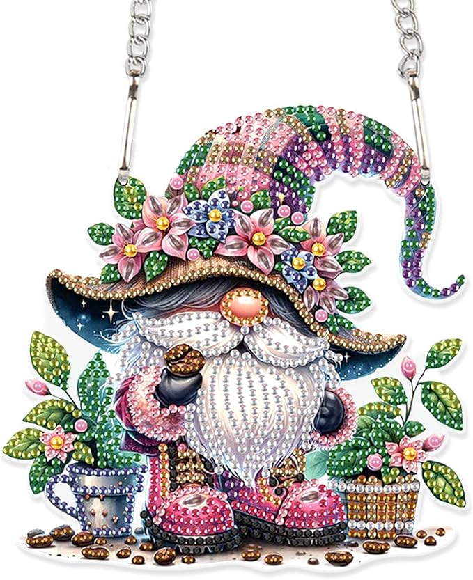 Tontut 5D DIY Diamond Art Painting Pendant kit, Flower Bed Dwarf Special-Shaped Hanging Crystal Window Pendant kit, Adult Gift Home Curtains, Yard Entrance Decoration