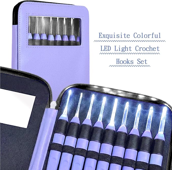 Chuangdi 9 Pieces Lighted Crochet Hooks with Case 9 Size LED Light Crochet Hooks Set Knitting Needles Craft Yarn Weaving Needles Comfortable Smooth Handle for Knitting, 2.5 mm-6.5 mm(Purple)