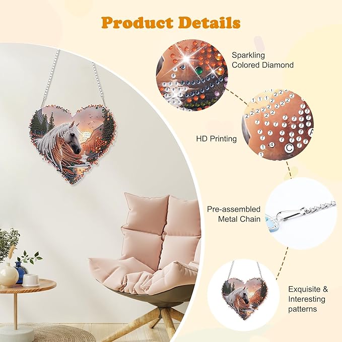 HEIBAGO Horse Diamond Art Hanging Kits for Adults, Diamond Art Suncatchers, 5D Special Shape Diamond Painting Pendant, DIY Window Ornament Gifts for Home Garden Door Wall Decor 8.3 x 8.3 Inch