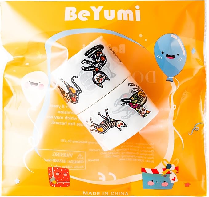 beyumi skeleton cat roll stickers - 1000pcs day of the dead skeleton cat stickers in 2 rolls dia de los muertos decals for kids halloween mexican festival party supplies bottle goodie bags box decor