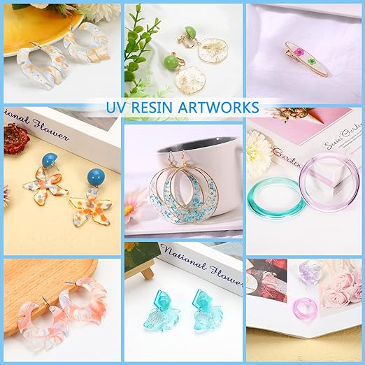 UV Resin with Light - 400g Hard Type Crystal Clear Ultraviolet Curing UV Resin Kit, 8 Lamp Beads UV Light(Non-Battery), UV Resin with Light for Craft Jewelry Making