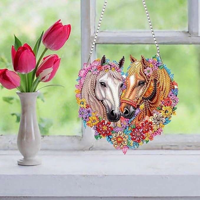 Auremi Horse Diamond Painting Pendant Kits,5D Animal Diamond Art Hanging Kits,DIY Special Shaped Diamonds Painting Suncatcher Pendant Kit for Adults for Gift Wall Home Decor