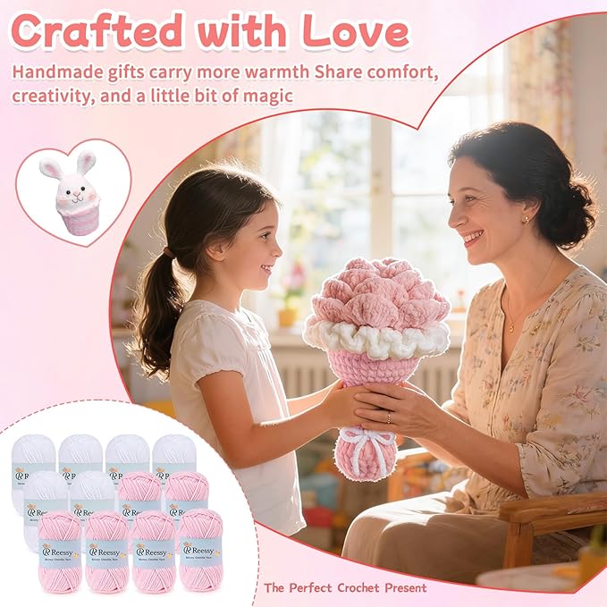 Skinny Chenille Yarn Set – 12 Skeins Soft Baby Yarns (1.76oz/50g, 6 White + 6 Pink, Total 1,896yd) – Fine Weight Matte Chenille Yarn for Crocheting – Soft CYC#2 for Baby Blankets, Plush Toys