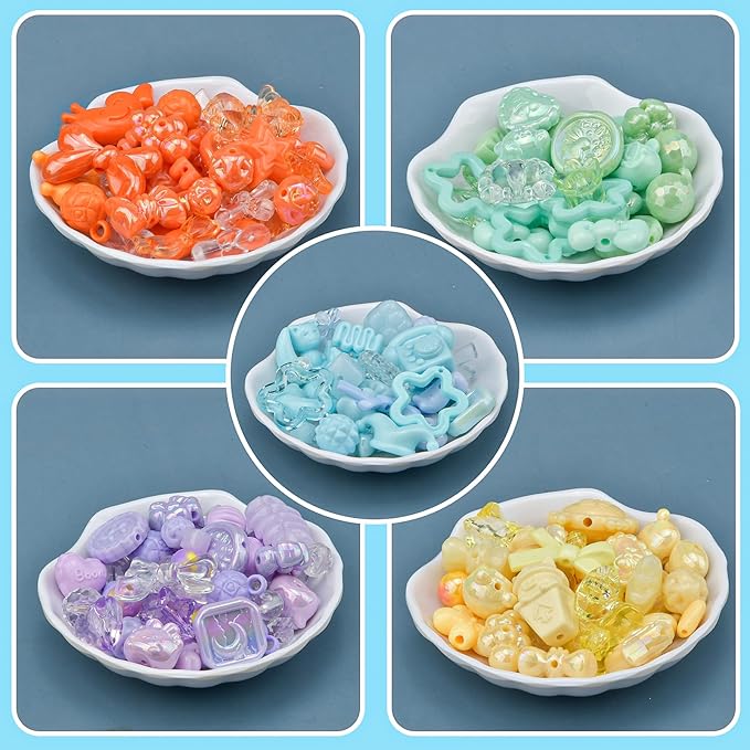 ABONDEVER 245-300Pcs Assorted Acrylic Beads for Bracelets Making kawaii Star Bow Flower Candy Heart Gummy Bear Butterfly Aesthetic Beads for DIY Jewelry Crafts Keychain Necklace Phone Charms(5 Colors)