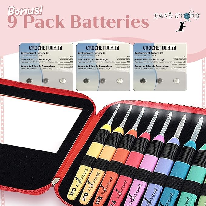 Yarn Story™ Light Up Crochet Hook Set 9/pkg - 9 Pcs Lighted Crochet Hooks Complete Set with 9 Extra Batteries - LED Lighted Crochet Hook Kit - Lite Crochet Set Sizes 2.5 to 6.5mm (Red with Batteries)