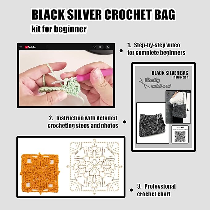 Herally Crochet Kit DIY for Beginners - Include Yarn, Hook and Accessory - with Step by Step Video Tutorials - Shining Tote Bag