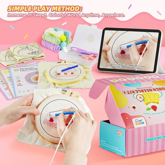 punch needle kit-6,embroidery kit for beginners,punch needle kits adults beginner,needles, curved scissors, a tool storage box, yarn, easy-to-follow instructions, and tutorial videos-Fruit Dessert