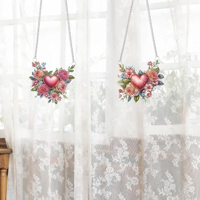 2 Pack Diamond Painting Rose Heart Hanging Ornaments – DIY Crystal Art Sun Catcher Kit for Window, Wall or Car – Romantic Valentine’s Day Decor & Gift for Her