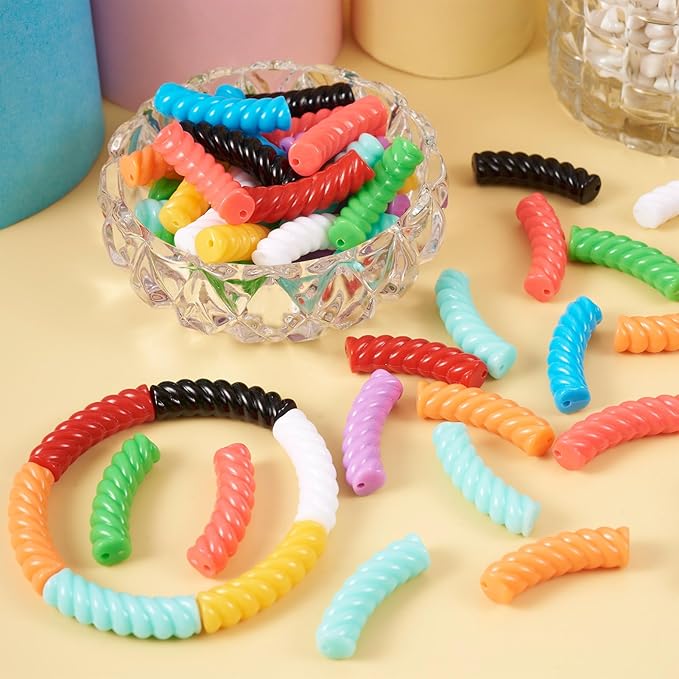 Crafans 100Pcs 12mm Acrylic Tube Beads 10 Colors Twist Long Noodle Curved Tube Beads for Crafts DIY Bamboo Bangles Bracelet Jewelry Making Supplies