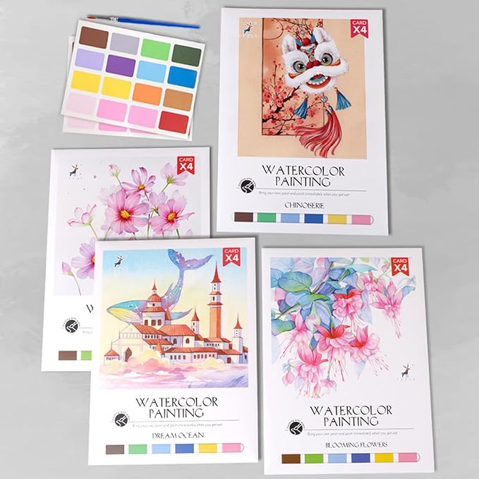 MaiMaiTu 11.5" x 8.5" Watercolor Workbook for Adults, Easy Nature Scenes Paint Coloring Book Paint, Water Coloring Book with 4 Floral Drawings 2 Pigment Card and 1 Brush (Flower Words)