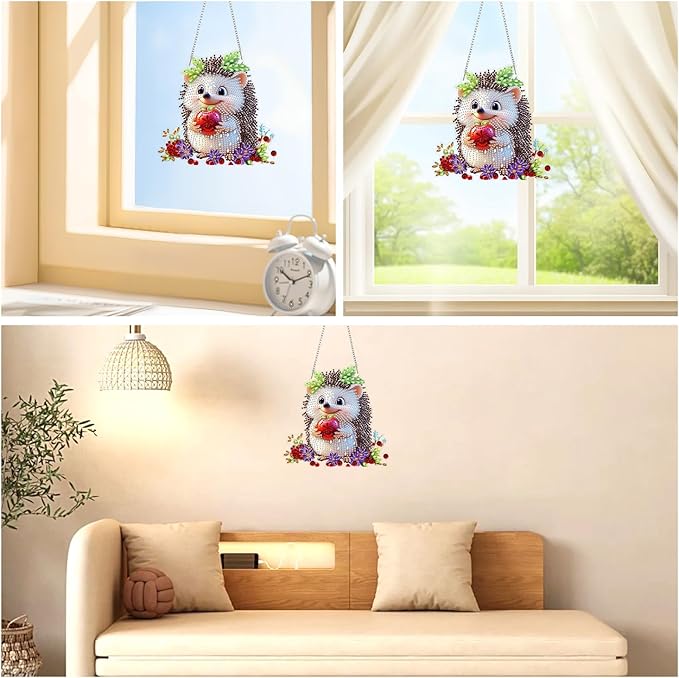 AIRDEA Hedgehog Hanging Diamond Painting Kits,Special Shaped Diamond Art Kits for Beginner Cute Animals,Gem Art Pendant Decor 7.87x7.59in