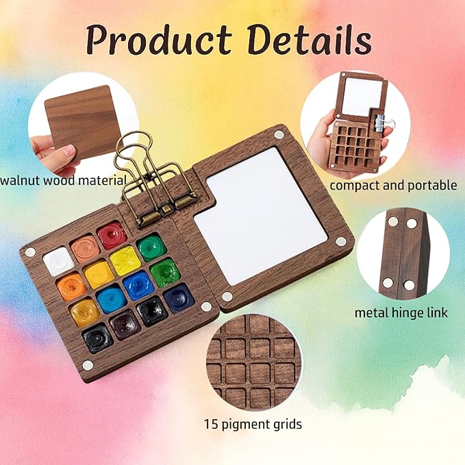 fsdyknej Mini Watercolor Travel Paint Set, Walnut Wood 15-Color Compact Travel Art Kit, with Paint Brushes, Water Brush, Watercolor Cards, Unique Creative Gift for Birthdays, Holidays & Art Lovers
